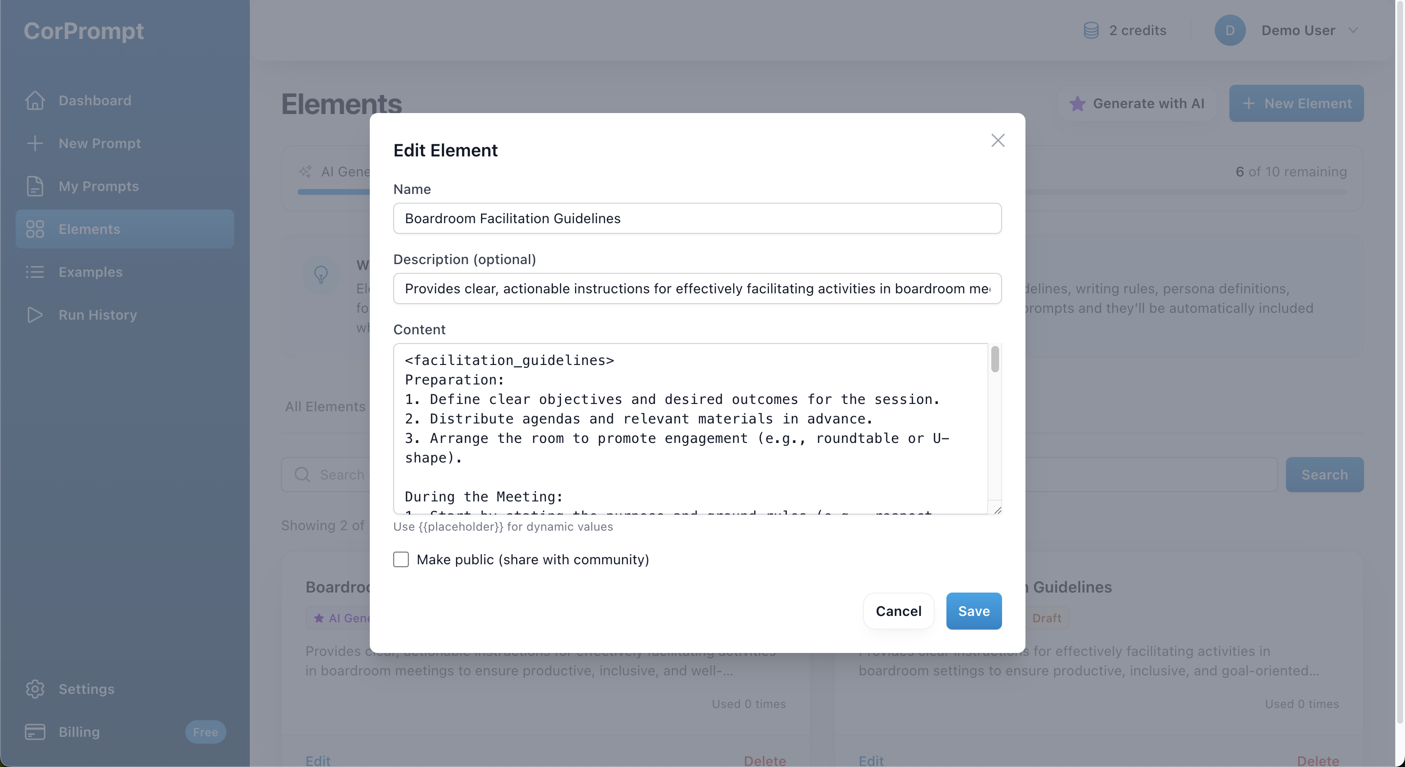 Generated Element Preview