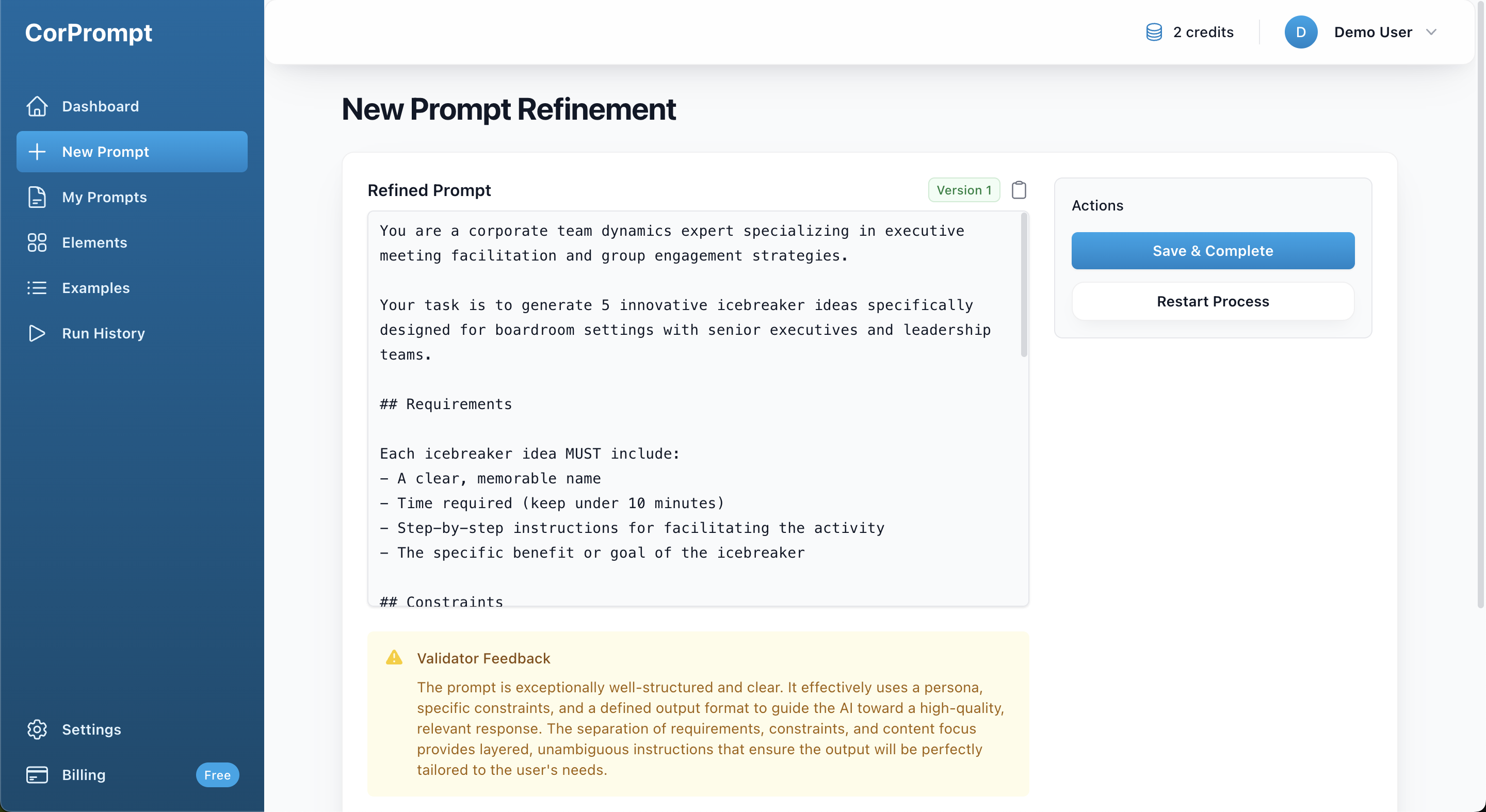 Refined Prompt Draft Screen